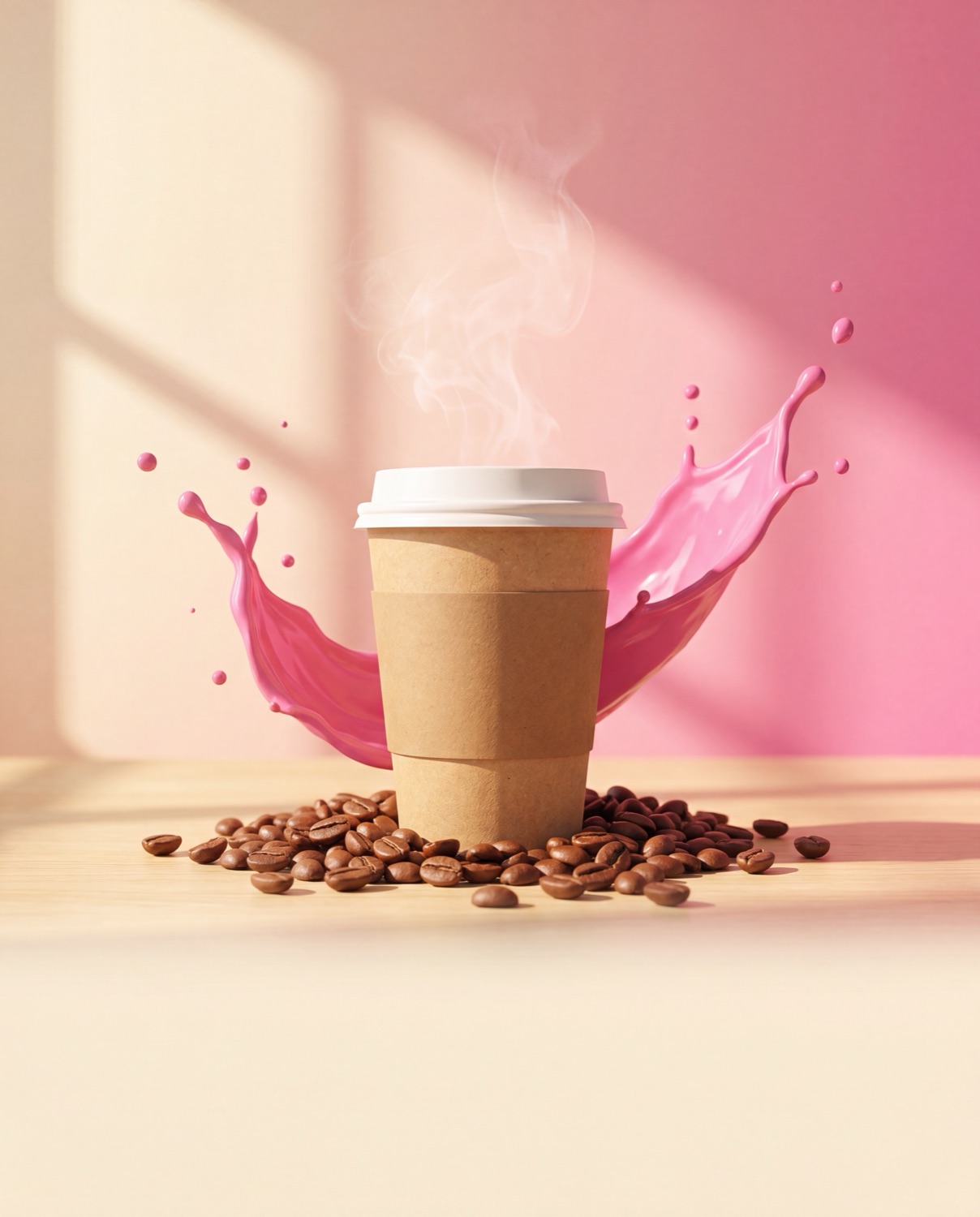 A fresh cup of office coffee with a signature pink splash